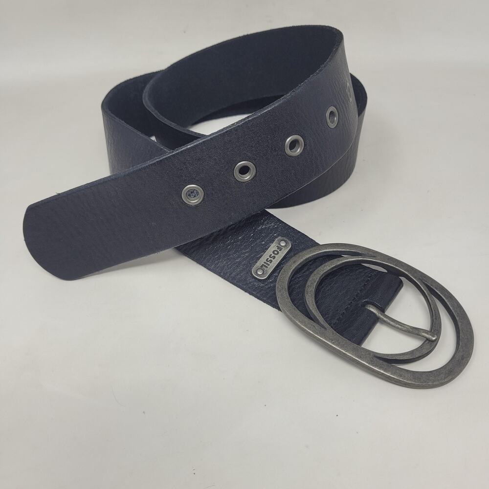 Fossil Belt Men Medium Black Leather Oval Buckle Minimalist Grunge Modern Rugged